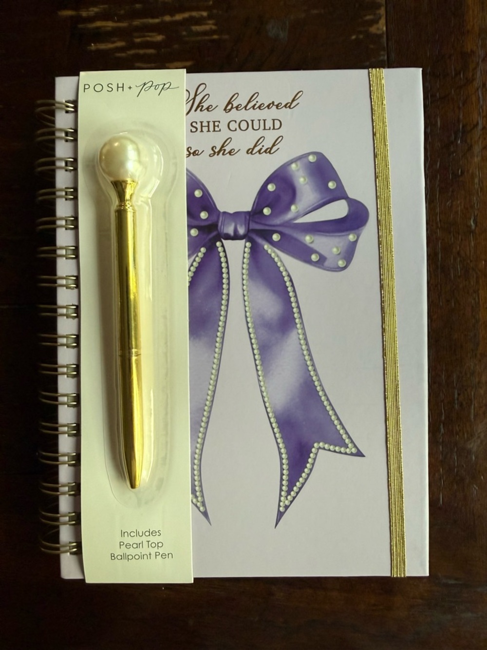 Gold Pearl Top Pen & Purple Bow Journal Set